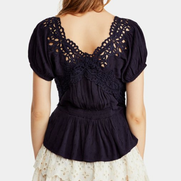 Free People Sweet Roses Pullover Blouse Navy XS - Picture 2 of 11